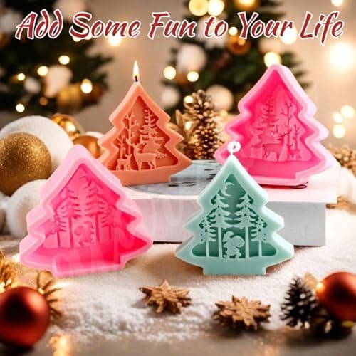 6pcs Christmas Tree Shaped Silicone Mold Set, Atarvana Relief Style Christmas Molds with 10pcs Candle Wick for Soap Candle Making -Christmas Trees, Santa Claus, Reindeer, Snowman view 5