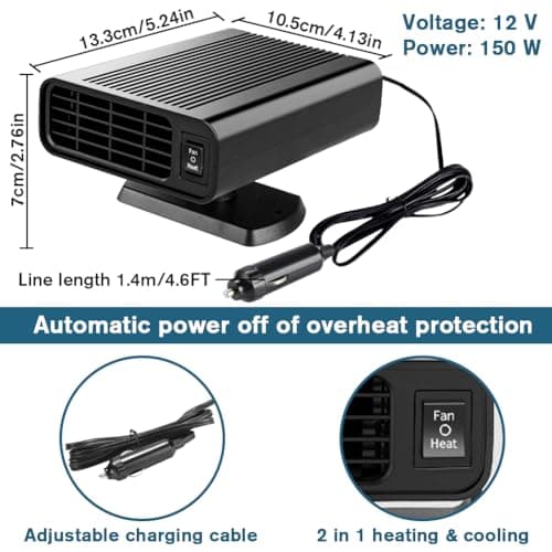 Car Heater-12V Car Heaters forVehicle,150W Car Heater that Plug in Cigarette Lighter,2 in 1 Fast Heating Defrost Defogger view 3