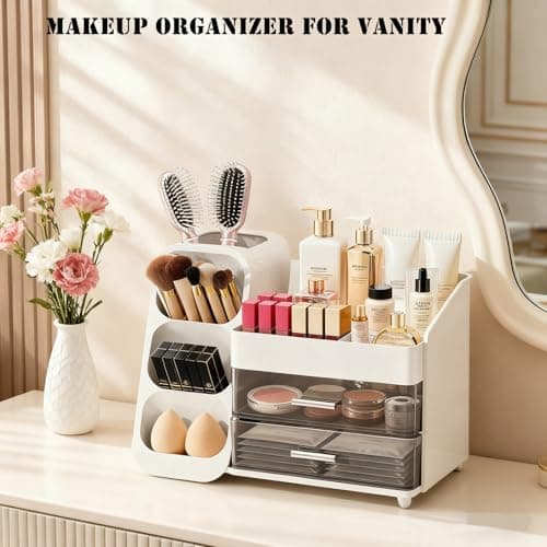 ShinyDew Makeup Organizer with Brush Holder for Vanity, Spacious Cosmetic Display Case with 2 Drawers, The Perfect Bathroom Vanity Organizer for Beauty Essentials, Skincare, Lipsticks view 5