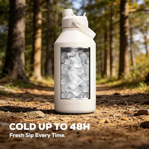 POWCAN 64 oz Water Bottle Insulated with 2-in-1 Straw and Spout Lid, Carrier Bag, Handle Strap, Leakproof, BPA-Free, Half Gallon Metal Water Bottle for Camping, Picnic and Hydration (Cream) view 2