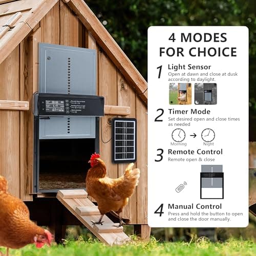 Automatic Chicken Coop Door Solar Powered, LCD Screen Electric Chicken Coop Door with Timer & Light Sensor, 4 Modes Solar Chicken Coop Door, Anti-Pinch & Door Pry Warning Coop Door with Remote Control view 2