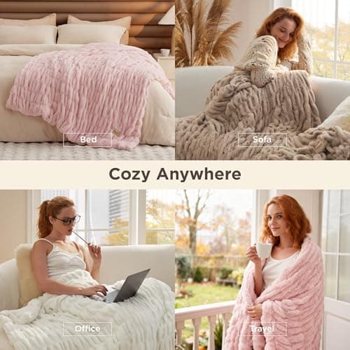 Bedsure Gentlesoft Double-Sided Ruched Faux Fur Throw Blanket for Couch, Cozy Soft Fuzzy Fluffy Faux Rabbit Fur Blanket, Luxury Gifts for Women Thick Warm Plush Room Decor, 50X60 Inch, Cream view 6