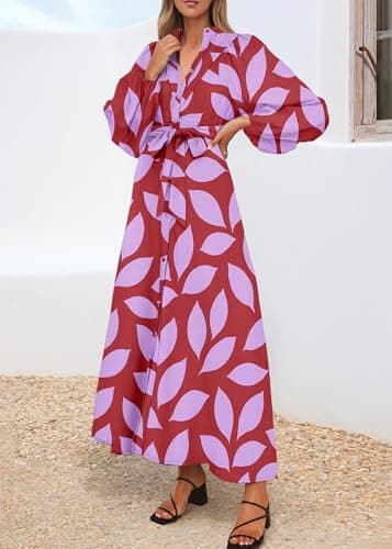 Lazysmile Maxi Dresses for Women 2025 Casual Long Sleeve Button Down Belted Boho Floral Shirt Dress with Pockets view 6