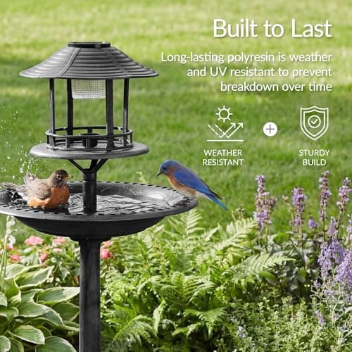 Best Choice Products Solar Outdoor Bird Bath Vintage Resin Pedestal Fountain Decoration for Yard, Garden w/Planter Base, Feeder, Decorative Bird Cage, Fillable Stand - Black view 4