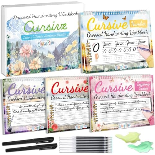 gisgfim 4 Pack Grooved Cursive Handwriting Workbook Kit Magic Reusable Grooved Handwriting Practice with Disappearing Ink Pens Cursive Workbook for Kids Number Poems Jokes & Riddles Inspiring Quotes