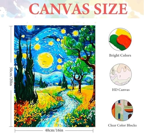 igoodom Paint by Numbers Kit for Adults, Starry Night Adult Paint-by-Number on Canvas, DIY Acrylic Painting Set for Home Decor Gift 16x20inch view 4