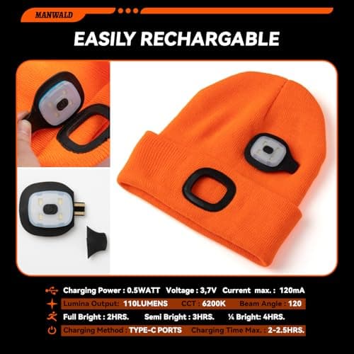 MANWALD LED Beanie Hat with Light, USB Rechargeable LED Headlamp, Birthday Gifts for Women Adults, Gifts for Men Dad Husband, Boyfriend, Orange view 3