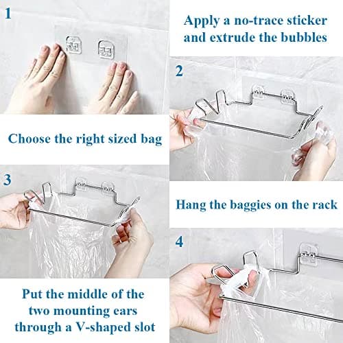 Trash Bag Holder for Cabinet Doors & Cupboards, Wall Mount Garbage Bag Holder with Adhesive Base Sticker Stainless Steel Under Sink Bag Holder Plastic Bag Holder for Kitchen Trash Can Bag Holder view 4