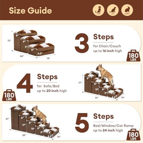 FUNNYFUZZY Dog Stairs for Small Dogs - 5 Steps Chessboard Plaid Handcrafted Dog Stairs with Storage - Multifunctional and Foldable, Brown view 6