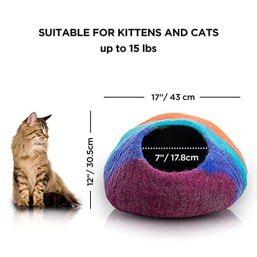 Woolygon Premium Felt Cat Cave Bed – Wool Kitty Beds Handcrafted Kitten Caves Bed for Indoor Cats - Made from Merino Wool, Foldable Cat Hideaway Covered Cat House Pod (Rainbow Twist) view 2