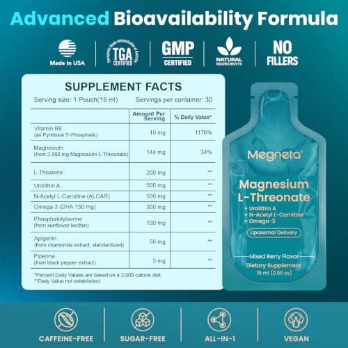 Magnesium L-Threonate Liquid, 2,000 mg, Liposomal Delivery, 30 Packets | 2,000 mg Magnesium L-Threonate, Supports Memory, Focus, Calm & Sleep With Urolithin A, ALCAR, Omega-3 view 4