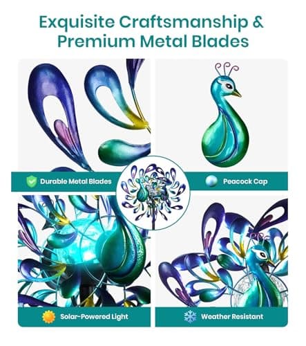 VUFOZ Peacock Wind Spinners Outdoor for Garden, Colorful Metal Kinetic Yard Art with Radial Motion, Decorative Outdoor Wind Sculpture for Lawn, Patio & Walkway view 6