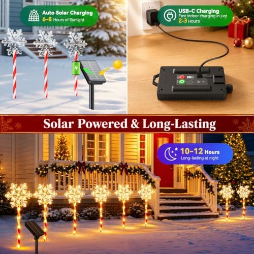 10 Pack Solar Snowflake Pathway Lights, Outdoor Christmas Lights Yard Decor 12-Hr Runtime Solar Snowflake Lights, Candy Cane Stake, 10 Modes Waterproof Christmas Light for Patio, Garden, Lawn, Backyard view 5
