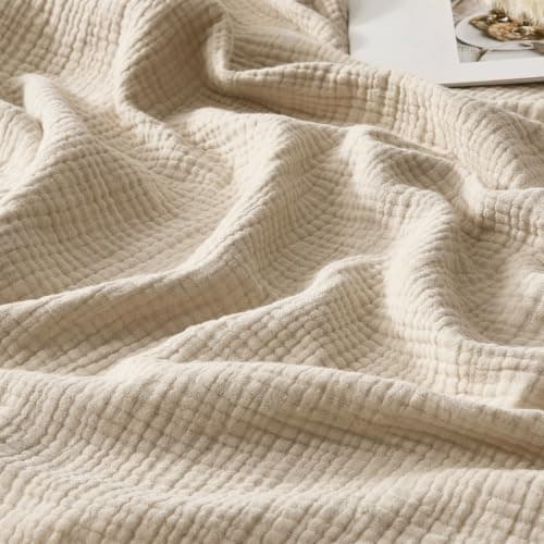 WDCOZY Muslin Throw Blanket 100% Cotton Blankets 4-Layer Breathable Lightweight Soft for Couch Boho Farmhouse Linen Tassels Ruffle Gauze Blankets All Season for Adults 50x60 Inches Beige Tan Neutral — image 1