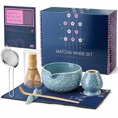 7Pcs Matcha Whisk Set, Matcha Set Whisk and Bowl,Bamboo Scoop, Scoop Rest, Sifter and Tea Towel, Matcha Kit W/Carved Cherry Blossm Pattern for Matcha Lovers (Sakura Blue)