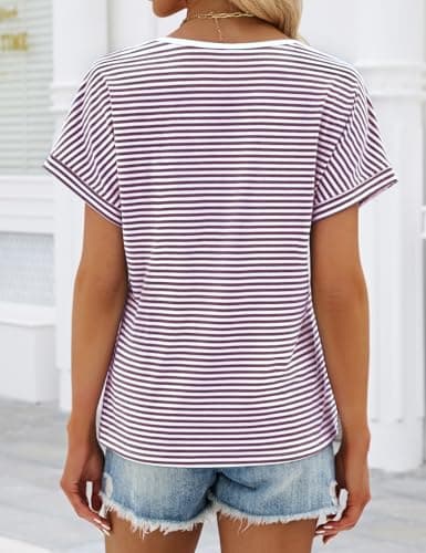 JUSTFASHIONNOW Womens Striped Henley T Shirts Short Sleeve V Neck Summer Tops 2026 Button Front Dressy Casual Blouses view 5