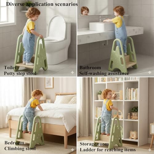 Toddler Step Ladder Step Stool for Toddler, Kids Bathroom, Kitchen and Toilet Potty Training Learning Tower Helper with Handles(Green) view 3