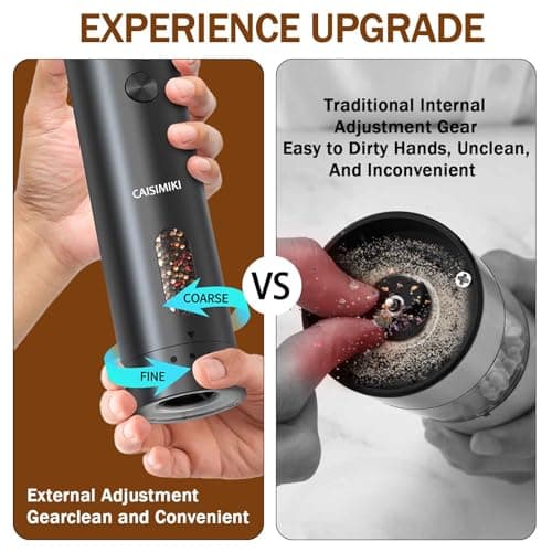 CAISIMIKI Large Capacity Rechargeable Electric Pepper Grinder 2025 New Pepper Mill USB Black Automatic Pepper Mill Adjustable Coarseness Salt Shakers with LED Light One Hand view 2