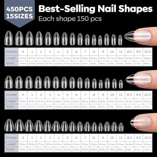 Modelones Medium & Short & Extra Short Almond Nail Tips - Multi-type 3 Styles Set Gel Tips Half Matte Full Cover Clear Acrylic Gel Kit Fake Nails for Extension DIY Salon 450Pcs 15Sizes view 5