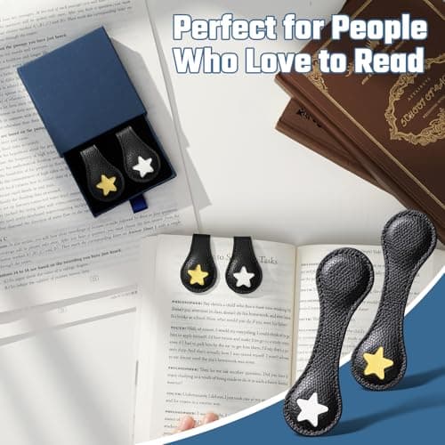 2Pcs Magnetic Leather Bookmarks with Gift Box, Magnetic Pen Holder Book Marks Clip Gift for Book Lover Readers Men Women Teachers Students, Star (Black+Black) view 4