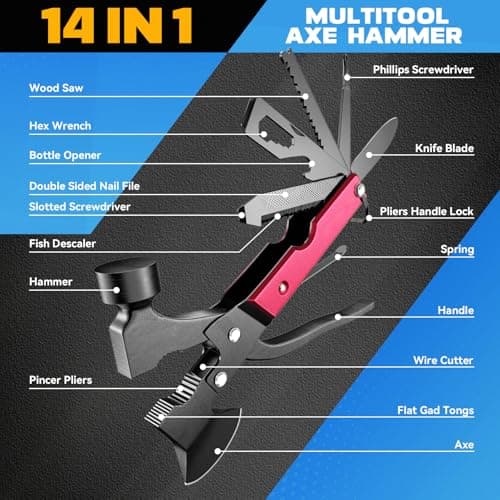Gifts for Men, 15 in 1 Multitool Axe for Camping, Hunting, Hiking, Birthday Gifts for Men, Dad, Him, Husband, Boyfriend, Women, Mens Gift from Daughter, Wife, Son, Red view 2
