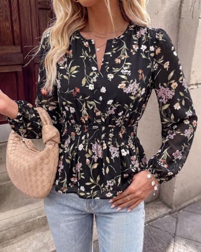 BTFBM Womens Tops Dressy Casual Floral V Neck Long Sleeve Chiffon Shirts view 5