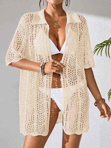 BreathSunny Womens Crochet Knit Polo Collar Swimsuit Coverup Cardigan Summer 2026 Beach Bathing Suit Cover Up Shirt Dress view 5
