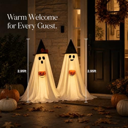 Halloween Decorations Indoor Lighted Ghost, 2 Pack Cute Light Up Ghosts | 2.95Ft Decorations with Witch Hats & Pumpkin Buckets, Indoor Ghost Decor for Entryway, Fireplace, Porch, Party, Home, Yard view 3