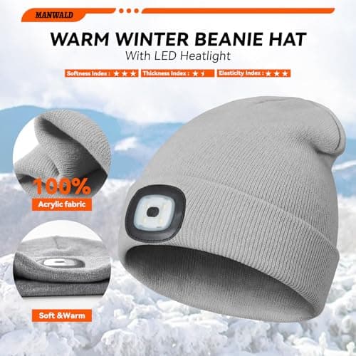 MANWALD Gifts for Men, LED Beanie Hat with Light,USB Rechargeable LED Headlamp, Mens Gifts, Birthday Gifts for Him Dad Husband, Boyfriends, Grey, 2 Pack view 4