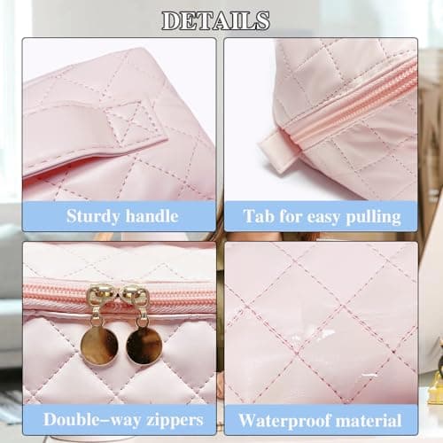 STOMKIRE Pink Soft Leather Small Makeup Bag for Purse Small Makeup Pouch Cute Cosmetic Bag Mini Travel Toiletry Bag Quilted Lay Flat Make up Bag for Women view 6