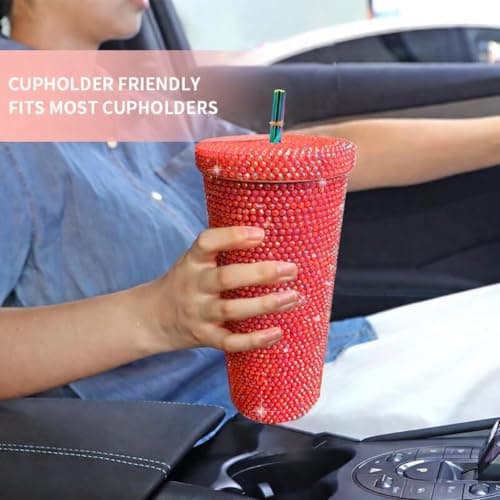 26oz Bling Rhinestone Studded Tumbler with Lid and Straws, Bling Cups Stainless Steel Water Bottle Diamond Glitter Tumbler for Women - Birthday Gifts for Women, Mom,Get Well Soon Gifts (Red) view 5