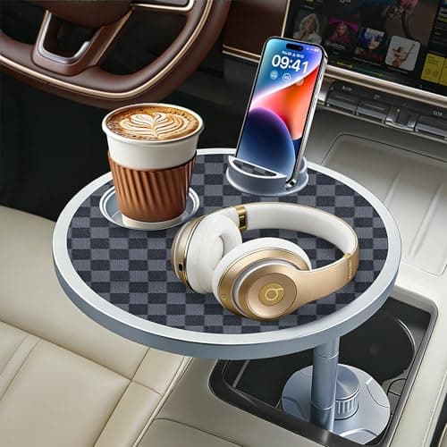 Car Food Tray & Car Table Tray with Car-Grade Aluminum Cup Holder & Phone Stand, Premium Wood with Leather Surface, 360° Rotating Car Desk for Laptop &Eating (Round, Black&Grey) — image 1