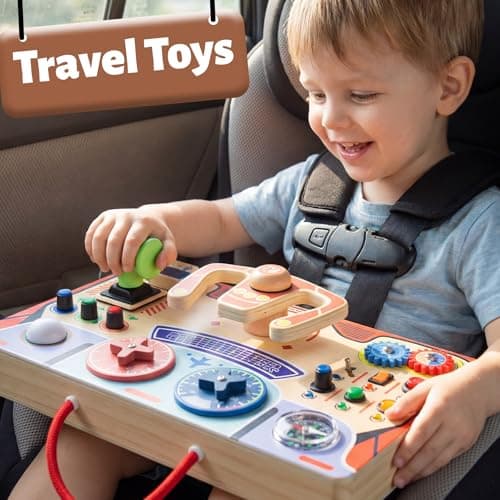 Montessori Busy Board for Toddlers 2-4|Wood LED Sensory Steering Wheel Toys view 4