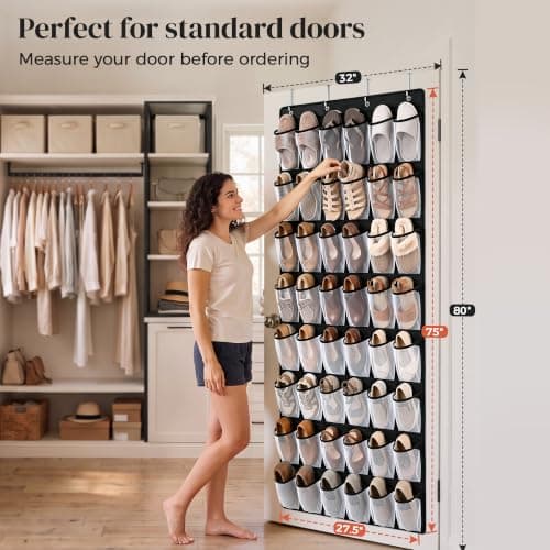 48 Pockets Over the Door Shoe Organizer, 1 Pack, 6-Column Heavy Duty Shoe Storage for Sneakers and Heels, Color Block Mesh Hanging Rack for Entryway or Bedroom, Black with White Accents view 3