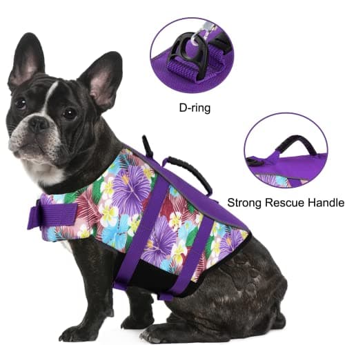 Mklhgty Hawaiian Dog Life Jacket - Adjustable Ripstop Vest with Rescue Handle for Swimming Boating, High-Flotation Safety Device for Small Medium Large Dogs (Floral Purple, L) view 3