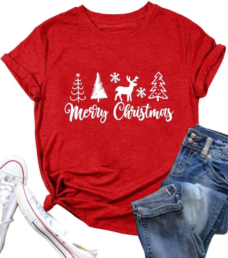 DESFSE Merry Christmas Shirts for Women Christmas Short Sleeve Tshirt Xmas Buffalo Plaid Tree Cute Graphic Print Tee Tops view 3