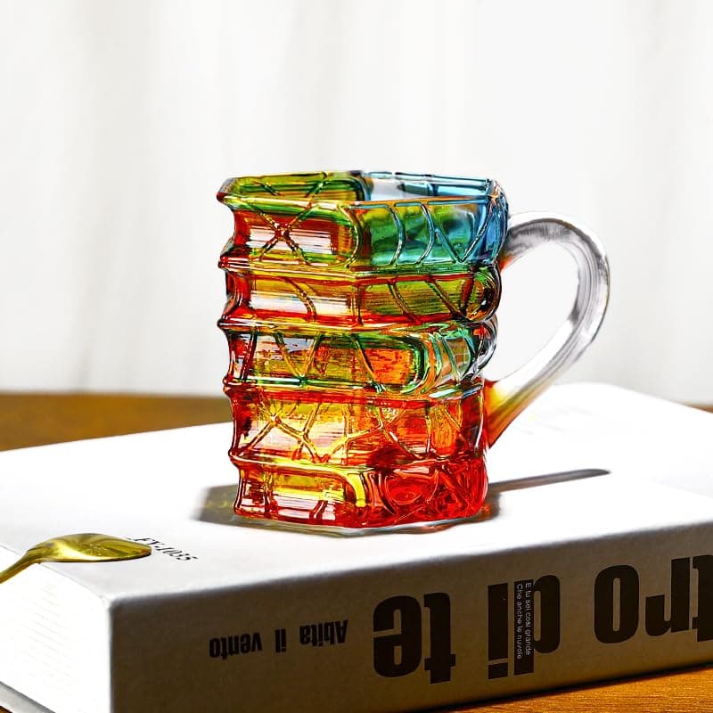 AKLOPE Handmade Glass Book Coffee Mug, Stackable 3D Design, Blue and Amber Colored (Small,Swirling Colors)