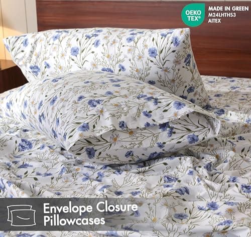 RUVANTI 100% Cotton Sheets – Queen Size Percale Bedding, Cooling & Breathable Floral Design, Durable with a Crisp, Soft & Comfortable Feel, 16" Deep Pocket, 4-Piece Set, Sweet Pea view 5