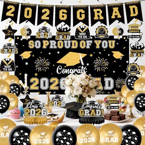 Graduation Decorations 2026 Black Gold Themed Grad Party Decor Set Backdrop Balloons Banner Honeycomb Centerpiece Hanging Swirl Kit Graduation Party Supplies for College High School Any Grade view 7