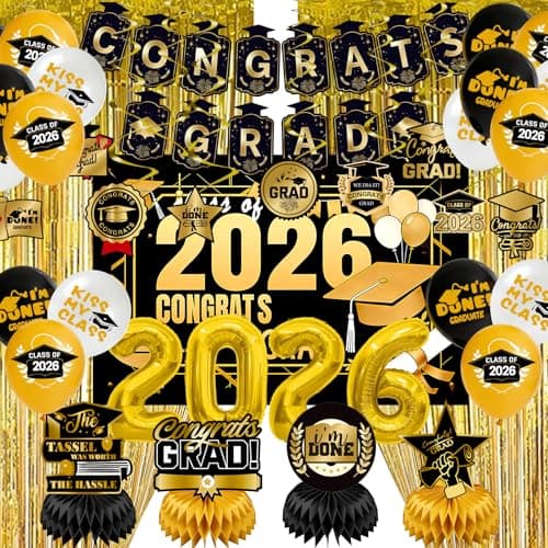 Graduation Party Decorations 2026–Black Gold Grad Banner, Class of Backdrop, Balloons, Fringe Curtains and Foil Balloon, Streamers Kit–Complete Graduation for High School & College Celebrations (Gold) view 1
