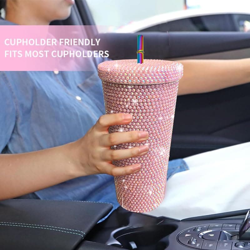26oz Bling Rhinestone Studded Tumbler with Lid and Straws, Bling Cups Stainless Steel Water Bottle Diamond Glitter Tumbler for Women - Birthday Gifts for Women, Mom,Get Well Soon Gifts (Pink) view 5