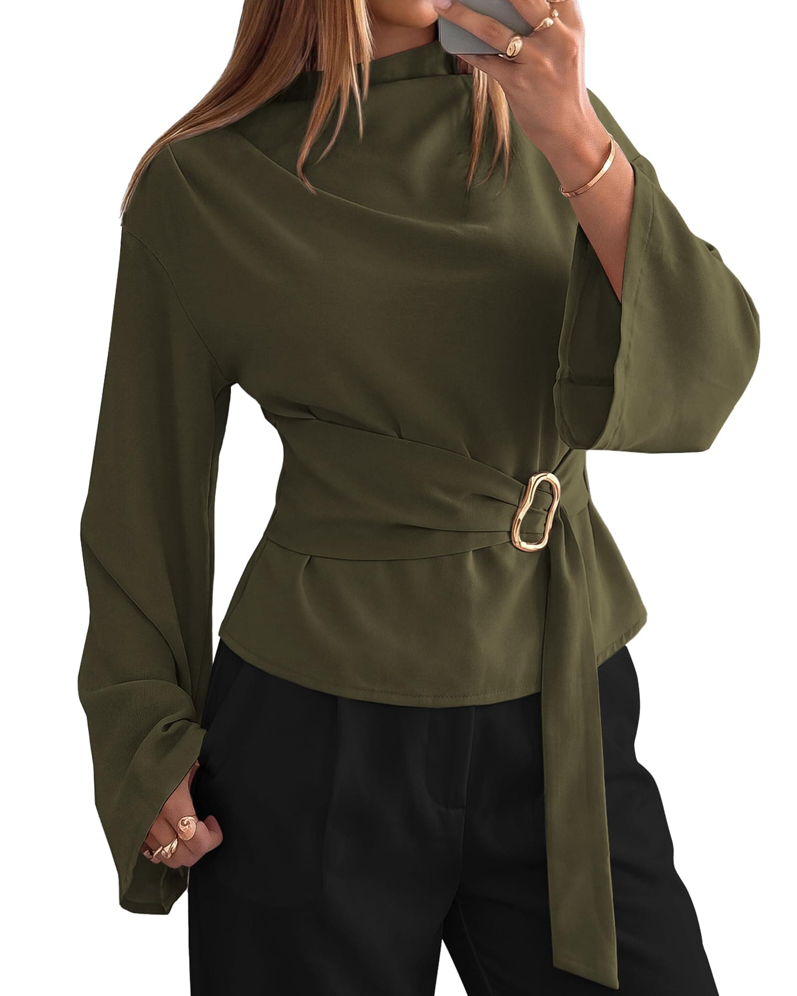 BTFBM Women Business Casual Blouses Bell Long Sleeve Tie Waist Top