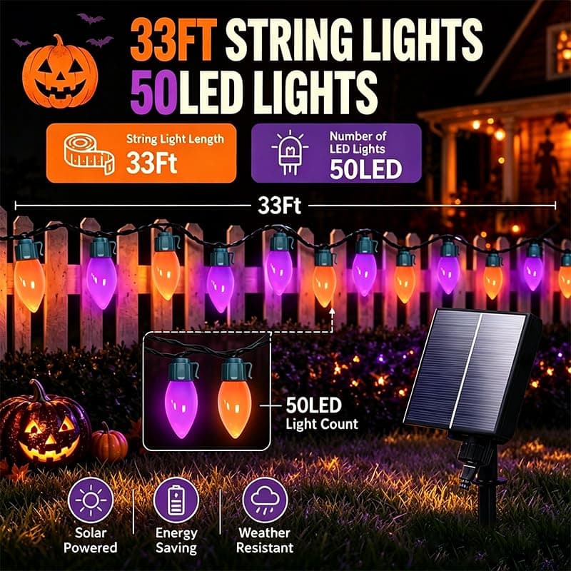 C9 Solar Halloween Lights,33ft 50LED Outdoor Halloween Lights,Orange Purple view 3