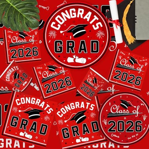 OHOME 2026 Graduation Decorations - Graduation Decorations Class of 2026 - Serve 24 - Red Plates Tablecloth Napkins Cups Banner- Graduation Party Favors Supplies view 6