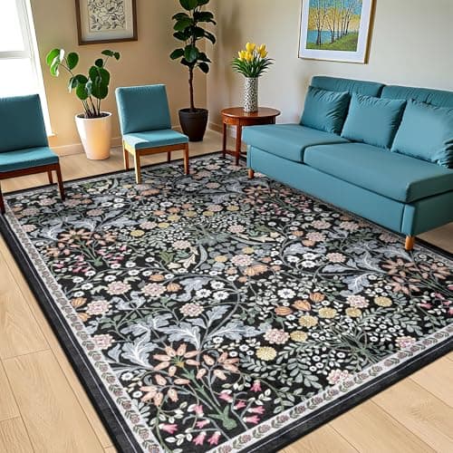 Area Rugs 9x12 Living Room: Floral Washable Rug Vintage Large Soft Boho Non-Slip Carpet Indoor Stain Resistant Low Pile Carpets for Bedroom Dining Room Farmhouse Nursery Hallway Home Office Dark Black view 2