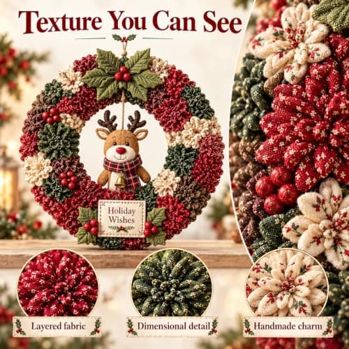 Christmas Wreath Kit 3D Fabric Poke Art, DIY Wreath Making Craft, Reindeer with Holiday Wishes Sign, Holiday Door and Wall Decor view 2