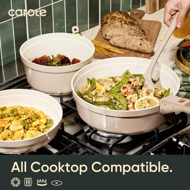 CAROTE 18 Pcs Ceramic Cookware Set Titanium Nonstick with Detachable Handles, Non Toxic Cookware, Pots and Pans Set Non Stick Removable Handles, Induction Available, Kitchen Cooking, Dishwasher Safe view 6
