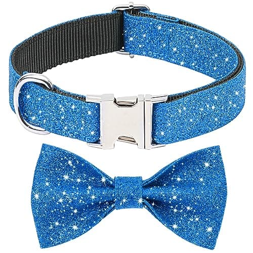 Jumpress Bling Bow Tie Dog Collar and Leash Set, Cute Blue Boy Dog Collar with Bow and 5ft Leash for Medium Dogs Daily Walking or Holiday Party (Neck fit 13-19’’) view 2