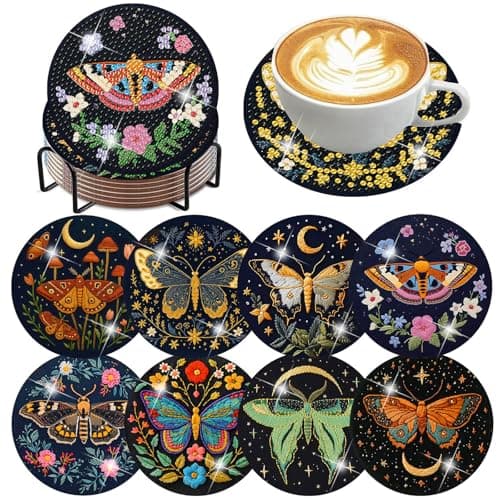 8 Pcs Diamond Art Coasters Kit with Holder, DIY Butterfly Diamond Painting Coasters for Beginners Adults, Non Slip Diamond Art Kits Craft Supplies 4x4inch — image 1