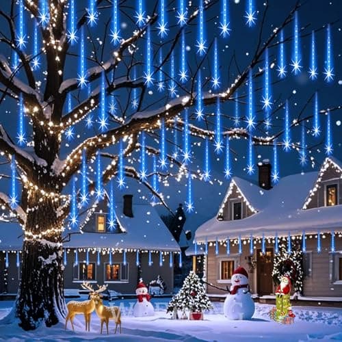 Weepong Meteor Shower Lights Outdoor Christmas Lights UL Certified Falling Rain Drop Snowfall Icicle Cascading String Light for Xmas Holiday Tree Wedding Party Garden Decor Blue, 12 Inch 8 Tubes view 6